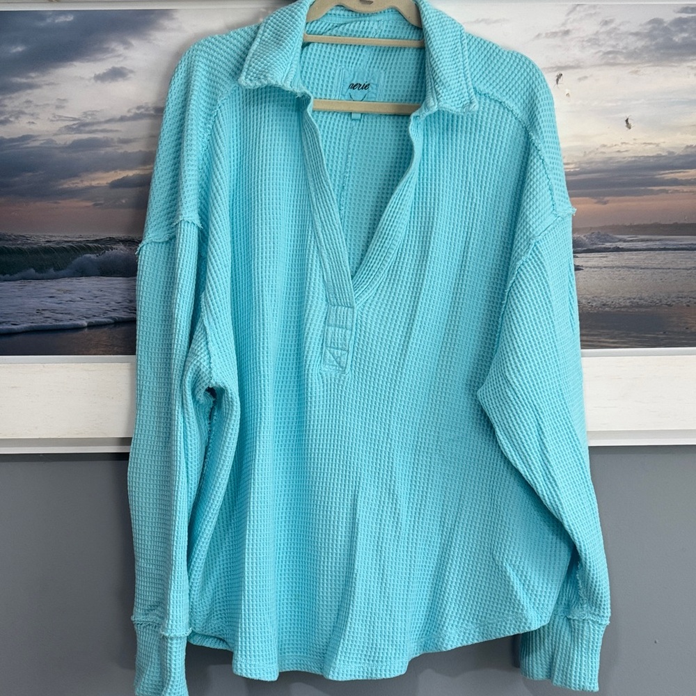 aerie Aqua Waffle Knit Pullover Collar Top